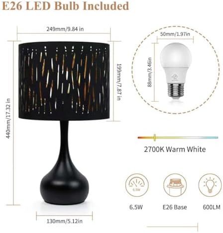 ONEWISH Touch Bedside Lamp for Bedroom, 3-Way Dimmable Table Lamps for Nightstand, Black Cutout Shade with Gold Lining Desk Lamp for Living Room, End Tables, LED Bulb Included