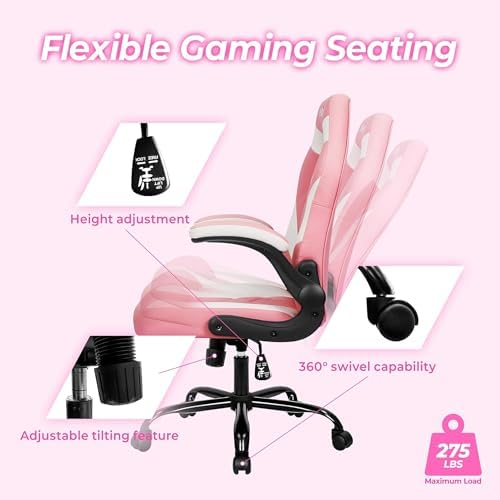 N-GEN GAMING Video Gaming Chair Ergonomic Office Desk Chair with Lumbar Support Adjustable Height Padded Flip Up Arms and Swivel Wheels Racing Style Design for Adults with PU Leather (Pink)