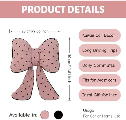 2PCS Chic Car Headrests with Bow-Shaped Cotton Linen Bowknot Neck Pillows for Cozy Road Trip & Cute Interior Decoration (Pink Polka)