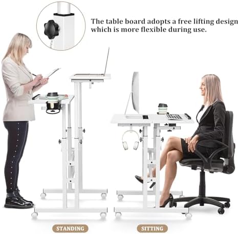 Enayplon Small Standing Desk with Wheels, Mobile Stand Up Desk, Portable Standing Table on Wheels for Walking Pad, Rolling Computer Desk Adjustable Height, Tall Table