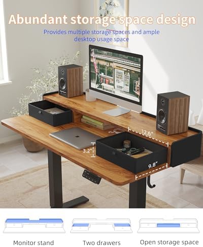 YIHAYO Electric Standing Desk with Drawers, 48 x 24 Inches Adjustable Desk with Storage Shelf, Stand Up Desk with Splice Board, Computer Table for Home Office, Black Frame/Rustic Brown Top