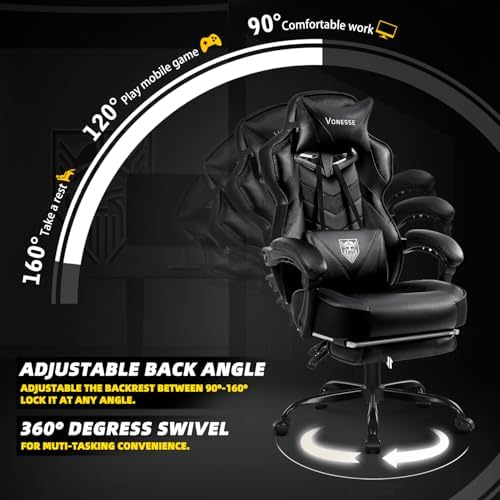 Vonesse Gaming Chair, High Back Office Chair with Footrest and Massage, Gaming Chairs for Adults with Pocket Spring Cushion, Big and Tall Reclining Computer Chair with Lumbar Support (Classic Black)