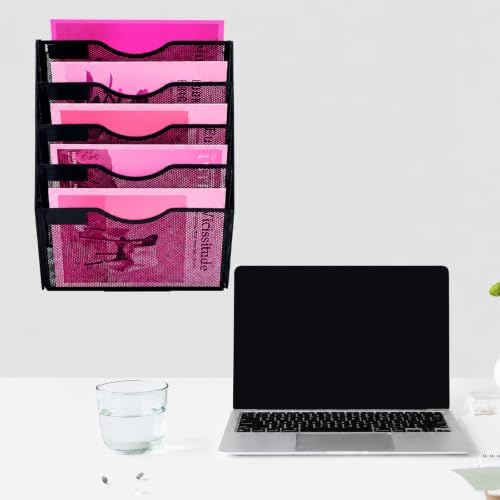 5 Pockets Mesh Wall File Holder Organizer Office Hanging File Folder Magazine Rack, Nametag Label Hooks Set Included (Black)