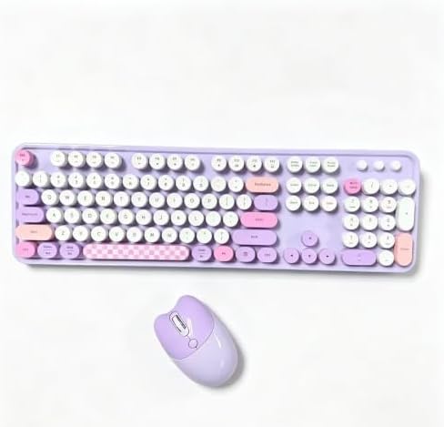 Wireless Keyboard and Mouse, 104 Round Keycaps Retro Typewriter Purple