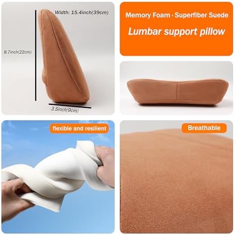 Lumbar Support Pillow,Back Pain Relief Cushion,fits tightly around the waist,Memory Foam,Skin-friendly Suede Fabric,fit Car Drive,Office chair,Rest seat,Improve Posture,Portable,15.5''Lx 8.7''H
