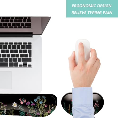 Keyboard Wrist Rest Mouse Wrist Support Set, Memory Foam Wrist Rest Pad for Computer Laptop Keyboard Mouse, Ergonomic Wrist Cushion Support for Typing Pain Relief, Gaming Home Office, Flowers Grass