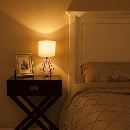 SOTTAE Gold Table Lamps Set of 2, Small Gold End Table Lamp with White Fabric Shade,Bedside Nightstand Lamp with Geometric Metal Design,Modern Desk Lamp for Living Room Bedroom