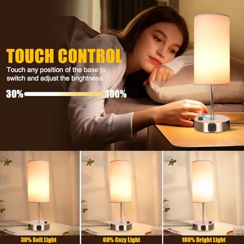 Gold Table Lamp with USB Port - Touch Lamp Desk Lamp, Bedside Lamps for Bedroom, 3 Way Dimmable Small Lamps for Living Room, Dorm, Home, Office, Cute Gold Base+ White Lampshade