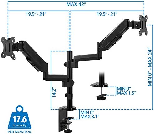 Mount-It! Dual Monitor Arm Desk Mount for 17–32" Screens, Gas Spring Adjustable Monitor Stand, Vertical Stack or Side-by-Side Setup, 17.6 lbs Each Arm, VESA 75x75 100x100, Clamp & Grommet Base MI-4762