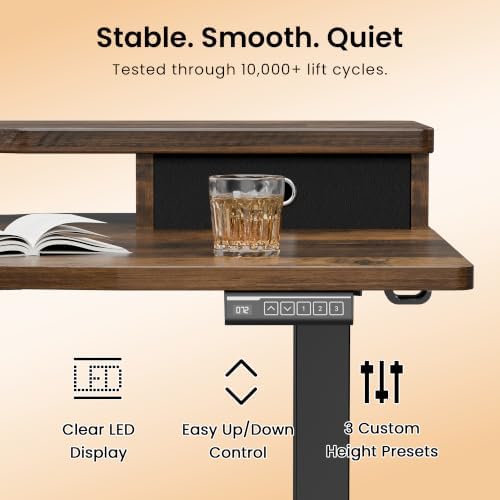Realbear 55x26 Inch Electric Standing Desk with Drawers, Rustic Walnut