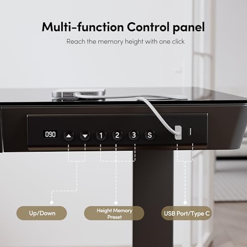FEZIBO 48 Inch One-Piece Standing Desk with Glass Top and Drawer, Black