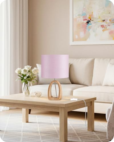 Pink Table Lamp, 14.2" Small Cute Desk Lamp, Wood Bedside Lamp with Pink Linen Lampshade & Natural Wood Base, Modern Nightstand Lamp for Girl's Room, Bedroom, E26 Base, MP07TL05