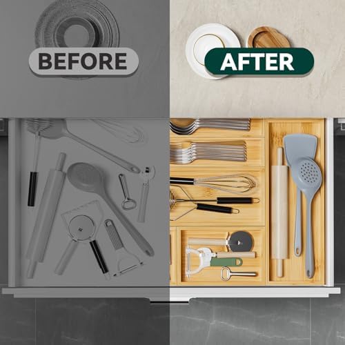 Lixple Bamboo Kitchen Drawer Organizer, 2 Pack, 12" x 6" x 2"