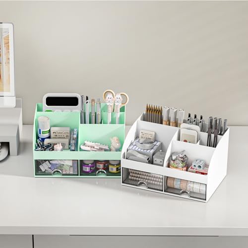 COMFYROOM Desk Organizer with 6 Compartments and 2 Drawers, Plastic Makeup Organizer, Pen Holder for Desktop Storage, Desk Organization for School, Home, Office Supplies (Mint Green)