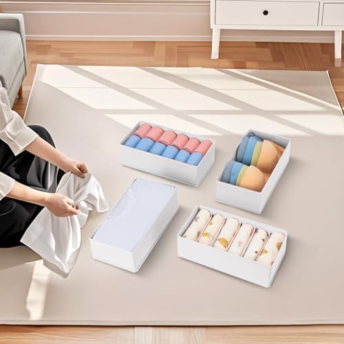 DIMJ Drawer Organiser System, Drawer Organiser, Foldable Storage Box, Fabric, Drawer Inserts for Wardrobes, Wardrobe Organiser for Trousers, Clothes, Set of 4, White