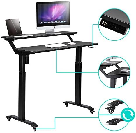 UNICOO Electric Height Adjustable 2-Tier Raising Desk with Wheels, Mobile Standing Desk with Monitor Stand, Ergonomic Adjustable Computer Table, Electric Standing Game Table for Home Office