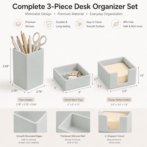 minimaliving Aesthetic Silicone Desk Organizer Set of 3,Modern Office Desk Accessories with Pen Holder,Paperclip Tray,Sticky Note Holder,Stylish Functional Office Desk Decor for Back-to-school(Grey)