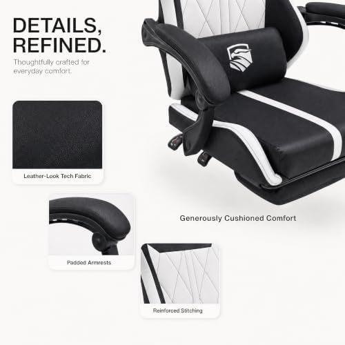 Mid Back Gaming Chair with Footrest, 90°-135° Reclining Computer Chair with Headrest and Lumbar Pillow, Linked Armrests, Height Adjustable 360° Swivel Rolling Office Chair (Black-N)