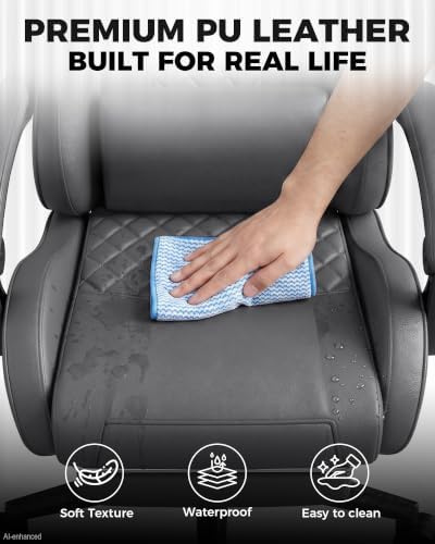 LUCKRACER Gaming Chair with Pocket Spring Cushion and Footrest, PU Leather 90°-155° Reclining Computer Chair, 4.5" Height Adjustment, Ergonomic Office Chair with Lumbar Support, Dark Gray