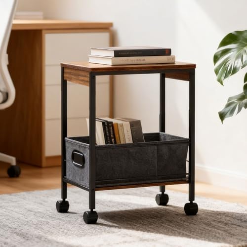 Rolling Printer Stand with Storage Basket, Mobile Cart for Small Spaces