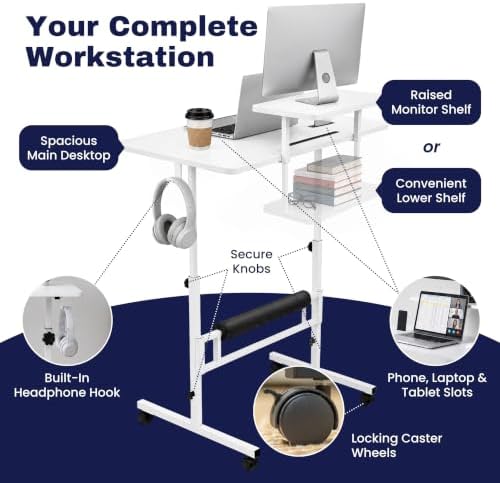 Small Rolling Desk with Wheels, Adjustable Height 27"-43.3" Portable Standing Desk, 31.5"x15.7" Tabletop, Mobile Laptop Computer Table for Home Office Workstation, White