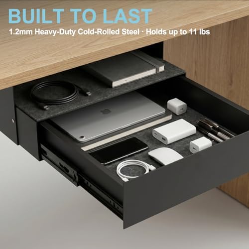 Under Desk Drawer with Lock, 13.8 Inch Slide-Out Metal Storage Drawer,Black