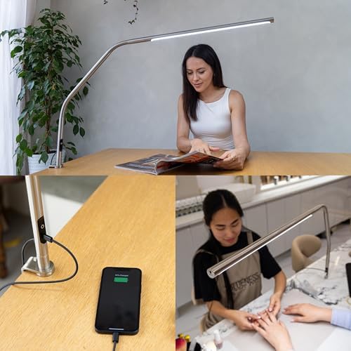 daylight Slimline 4™ LED Table Lamp in Brushed Steel - 6,000K, 3,200 Lux, 4 Brightness Levels, USB-C Charging Port, Anti-Glare Diffuser, Flexible Design, Art & Craft, Sewing, Nail Salon