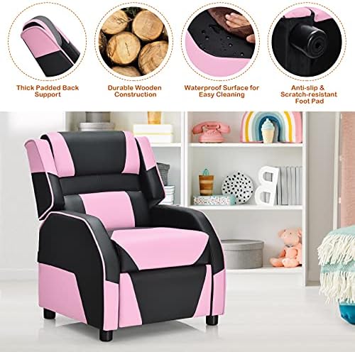 Giantex Kids Recliner, Gaming Recliner Chair with Footrest, Headrest & Lumbar Support, Ergonomic Leather Lounge Chair Toddler Furniture, Adjustable Racing Style Recliner Sofa for Boys Girls, Pink