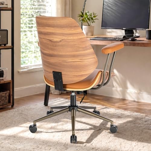 Modern Mid Back Office Chair, Adjustable Swivel Desk Chair with Arms, Brown