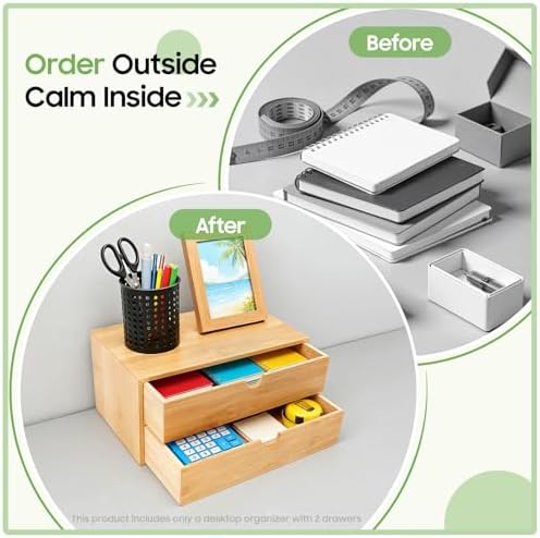 Bamboo Desk Organizer with 2 Drawers, Natural Wood Tabletop Storage Box | No-Assembly Countertop Drawer for Office Home Makeup Jewelry Stationery
