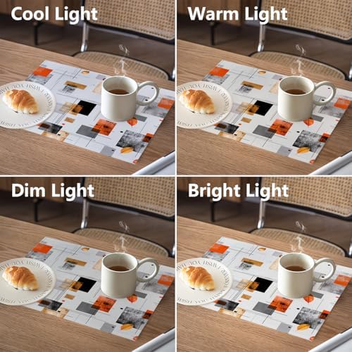 Structured Linear Abstract Linen Placemats, Autumn Geometric Modern Digital Gray Orange Table Mats for Table Washable Heat Insulation Thick Dining Mat, Indoor/Outdoor 12X18 in 4 Pcs
