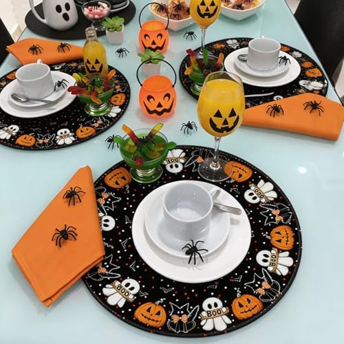 Halloween Placemats Set of 4, Black Cat Pumkin Ghost Bat Place Mats