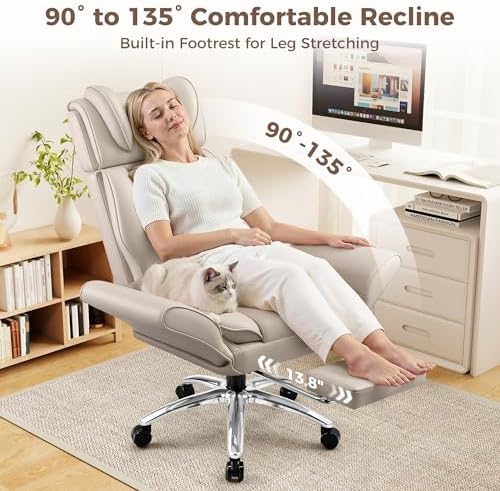 Big and Tall Office Chair, Flip Armrests for Pets & Cross Legged Sitting, Ergonomic Leather Executive Desk Chair with Foot Rest, High-Back Reclining Computer Chairs for Home Office Gaming, Beige