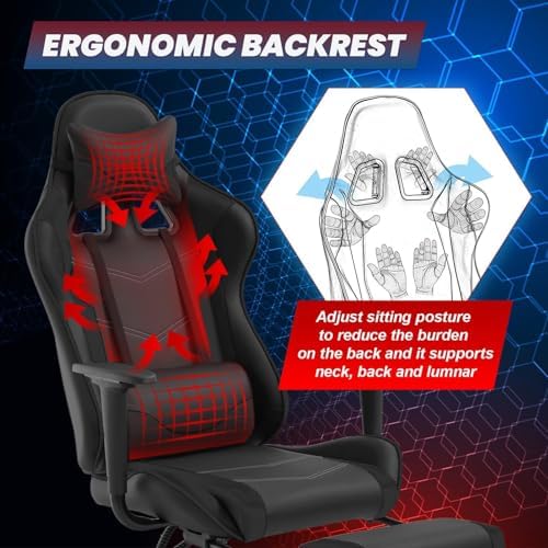 PC Gaming Chair with Footrest, Ergonomic Home Office Chair with Lumbar Support & Headrest Pillow, Black