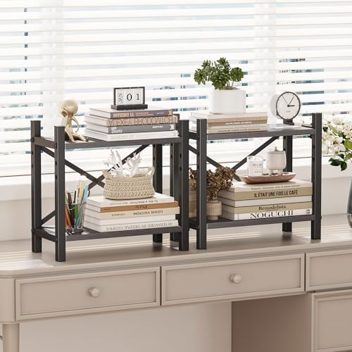 2-Pack Desktop Bookshelf, 4-Tier Stackable Narrow Bookcase, Adjustable Industrial Desk Organizer & Hutch - Rustic Brown Wood Desktop Book Organizer for Living Room, Bedroom & Home Office