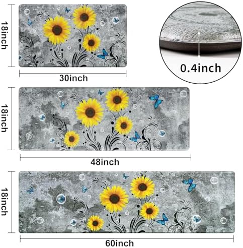 Likiyol Sunflower Kitchen Rugs Sets of 3 Kitchen Mats for Floor Anti Fatigue Mats for Kitchen Floor, Spring Floral Flower Non Slip Washable Standing Floor Mats, 18''x30''+18''x48''+18''x60''(Gray)