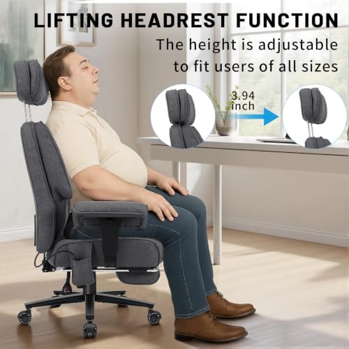 HOFFREE 500lbs Fabric Office Chair with Headrest and Lumbar Support,Grey