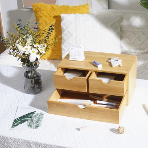 Charmewooden Bamboo Desk Organizer with 3 Drawers, Countertop Organizer with Drawers Makeup Storage Drawer 3 Drawers Tabletop Storage Organization Box Home Office Workspace