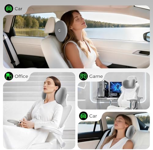 BEBAS Memory Foam Car Headrest Pillow - Breathable Neck Support Pillow for Driving, Universal Fit Cars/SUVs/Tesla/Toyota & Office Chair, Removable Cover (Grey, 4-Season)