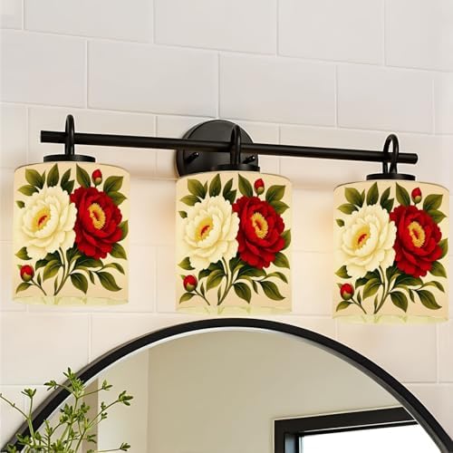 3 Pack Cylinder Glass Lamp Shade Decorative Tranquil Interlace Peonies Leaves Petals Floral Arrangement Covers with 1-5/8" Fitter Opening Light Fixture Replacement for Table Lamp Bathroom Vanity Light