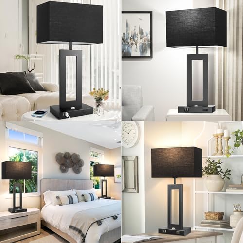 27.2ββ Tall Black Table Lamps for Living Room Bedroom, Bedside Touch Control Lamps with 2 USB Ports&AC Outlet, 3 Color Temp.&Stepless Dimming Desk Lamp Sets for Home Office, Pre-assembled Black Shade
