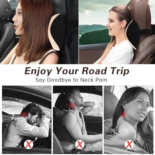 Make Restful Car Headrest Pillow, Car Pillow with Adjustable Strap, Beige