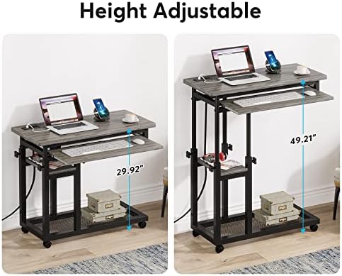 Tribesigns Small Portable Desk with Power Outlet, Height Adjustable Sofa Couch Bedside Laptop Table with Wheels, Mobile Standing Desk Rolling Computer Cart C Side Table with USB Ports