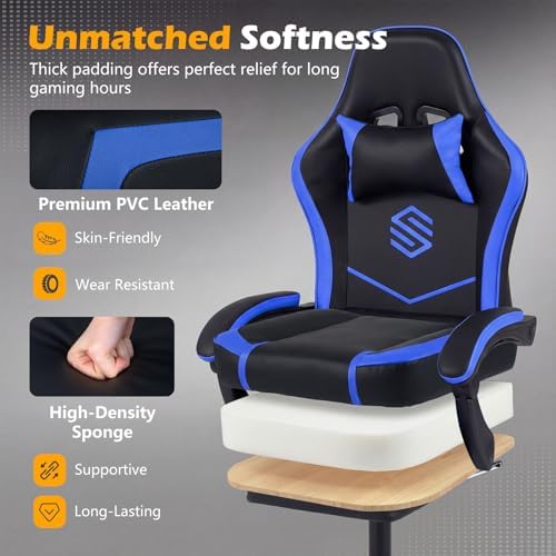 Giantex Gaming Chair, Height Adjustable Computer Desk Chair with Headrest, Lumbar Support, Linkage Armrests, Reclining Backrest & Footrest, Ergonomic Office Chair, Video Game Chair (Blue)