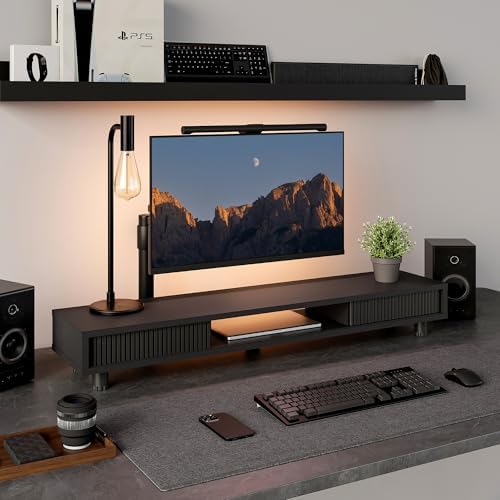 Fenge Dual Monitor Stand with Storage, Desk Shelf with Glass Sliding Door