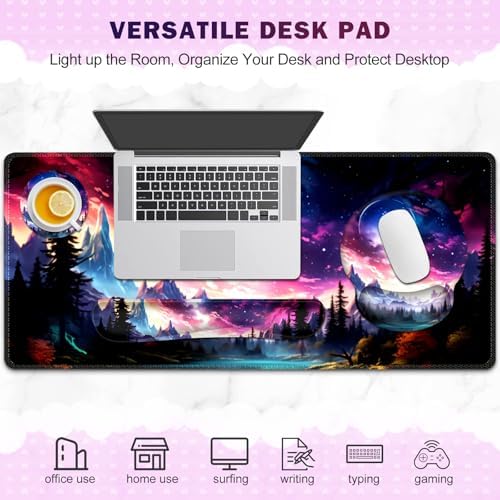 Gaming Mouse Pad, Large Desk Mat, Cute Desk Pad Protector, 4in1 XXL Mousepad + Keyboard Wrist Rest+Mouse Wrist Rest+Coaster Set with Ergonomic Desk Pad for Home Office Table Computer, Purple Hill