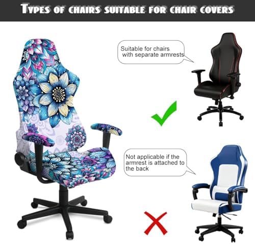 Boho Mandala Flower Print Gaming Chair Cover with Armrest Covers Stretch Non Slip Furniture Protector Washable Anti Dust Gamer Chair Slipcover