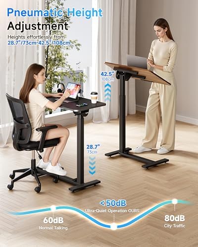 BIZUM Mobile Standing Desk Laptop Desk Pneumatic with Wheels 180° Tilt Top Hospital Bed Table Portable Rolling Cart Foldable Bedside Table for Hospital&Home Use, Walnut