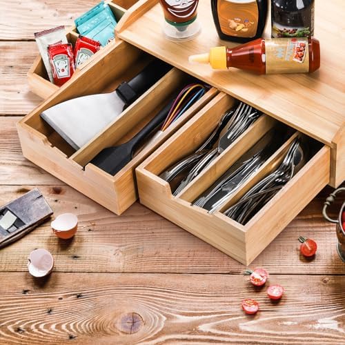 SOUJOY Bamboo 2 Drawer Coffee Pod Organizer with Side Box for K Cup Tea Bag