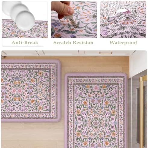 KIMODE Anti Fatigue Kitchen Mats,Purple Boho Floral Kitchen Rugs Sets of 2